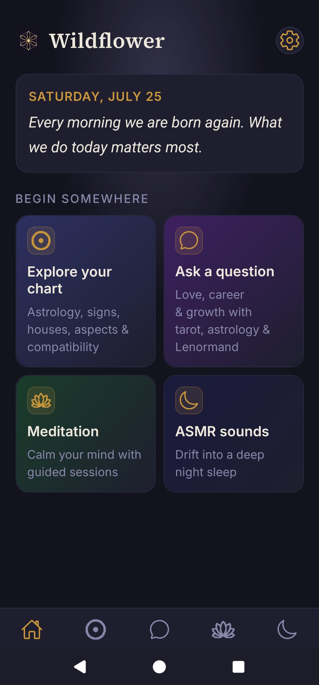 Wildflower home screen with daily reflection and four module cards