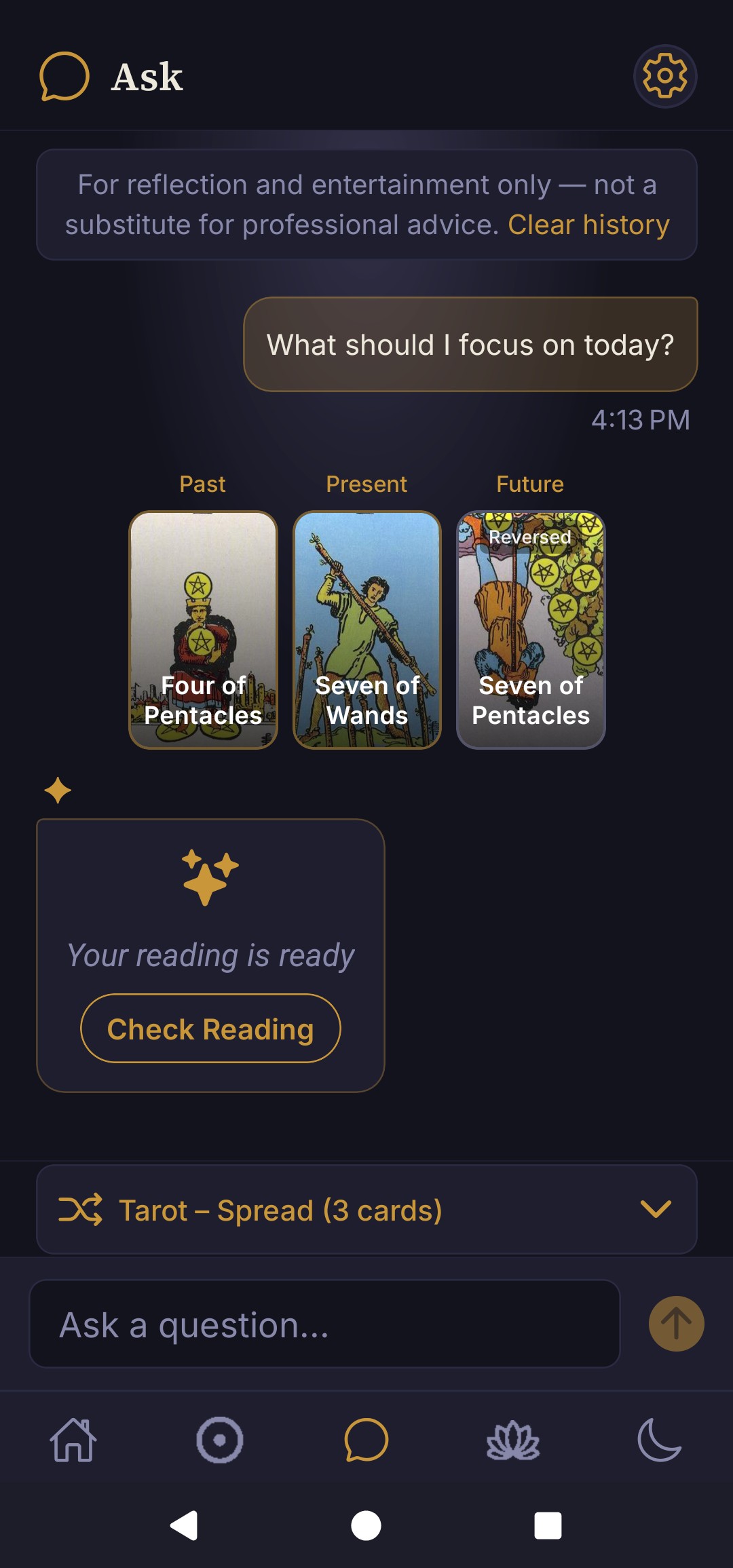 Wildflower Ask screen with a three-card tarot reading
